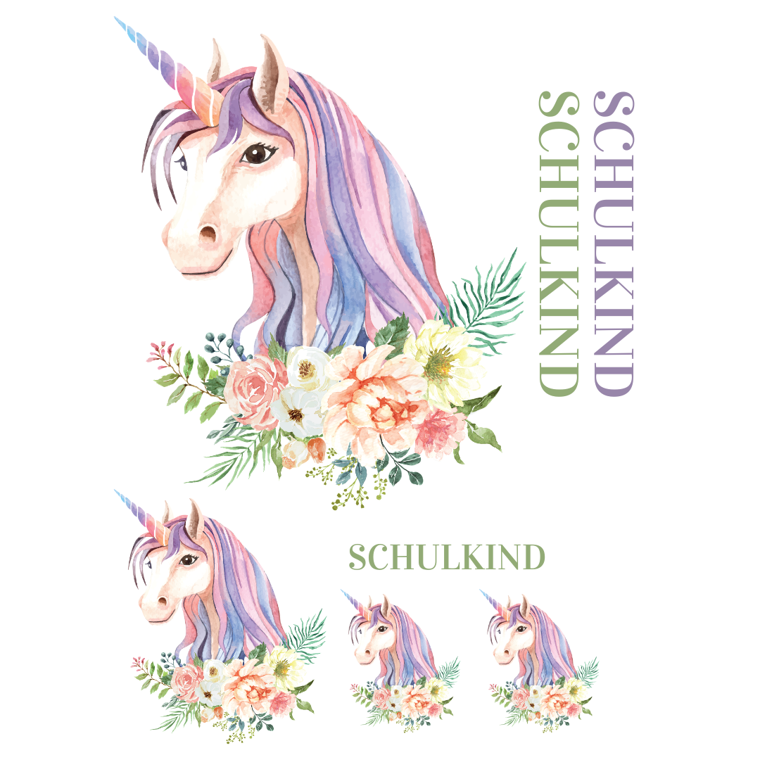 Bügelbild-Set Schulanfang Einhorn Rosa – Plott-Motive mit Einhörnern und Schriftzügen in verschiedenen Größen. DIY-Bügelbilder für die Einschulung und Schultüten.