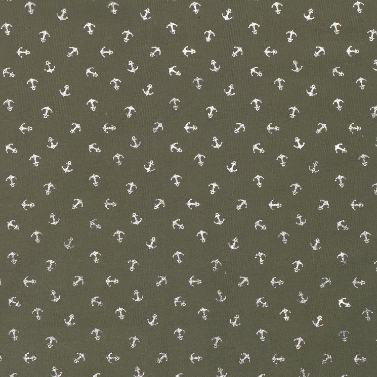 Baumwolljersey - Jersey Stoff - Anker mit Foliendruck auf Olive