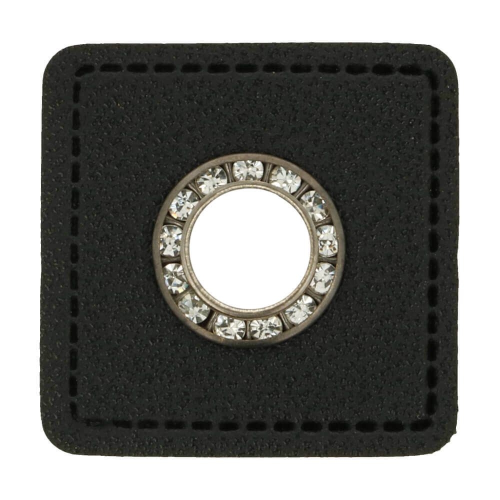 Kunstleder Ösen - Ösen Patches - Viereck Schwarz -8mm - Silber mit Strasssteine - 1 Stück