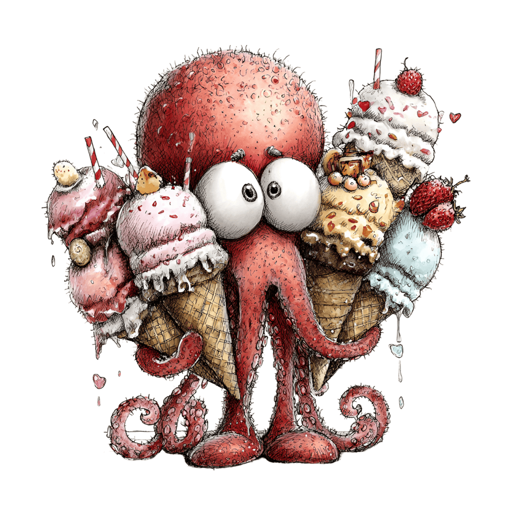 Niedliches, gezeichnetes Bügelbild mit einer kleinen Krake (Snacktopus), die in jedem Tentakel einen anderen Snack hält.