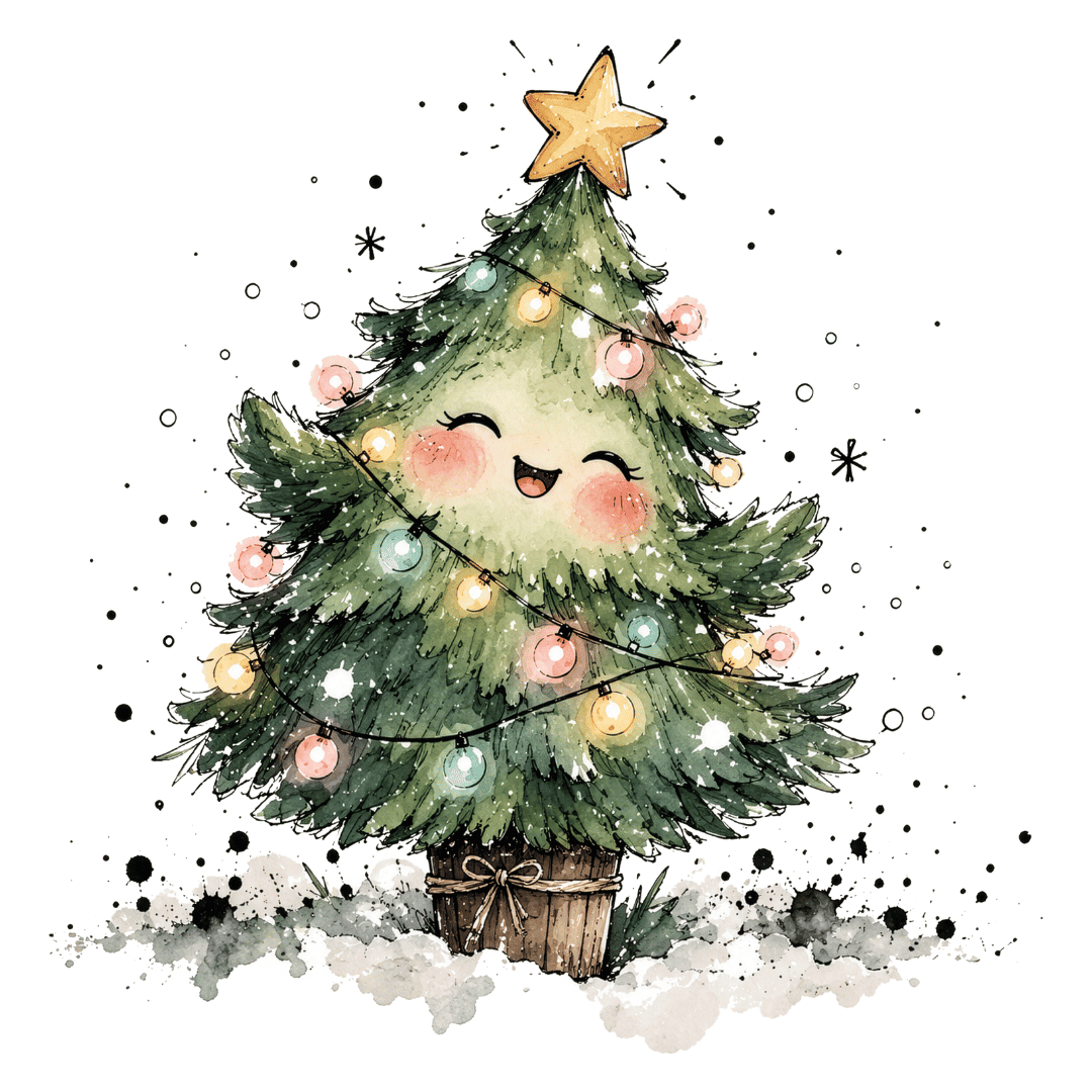 Niedliches, gezeichnetes Bügelbild mit einem lächelnden Tannenbaum im Aquarellstil, geschmückt mit Lichterkette und Stern auf der Spitze.