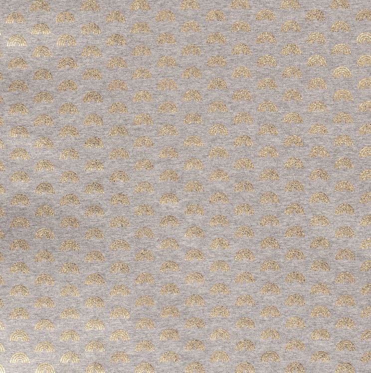 Baumwolljersey - Jersey Stoff - Regenbögen mit Foliendruck auf Grau