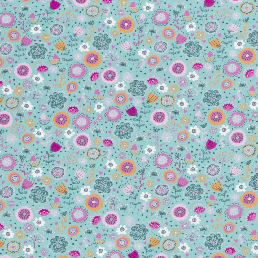 Webware - Baumwoll Stoff - Popeline - Millefleurs - Blumen auf Türkis